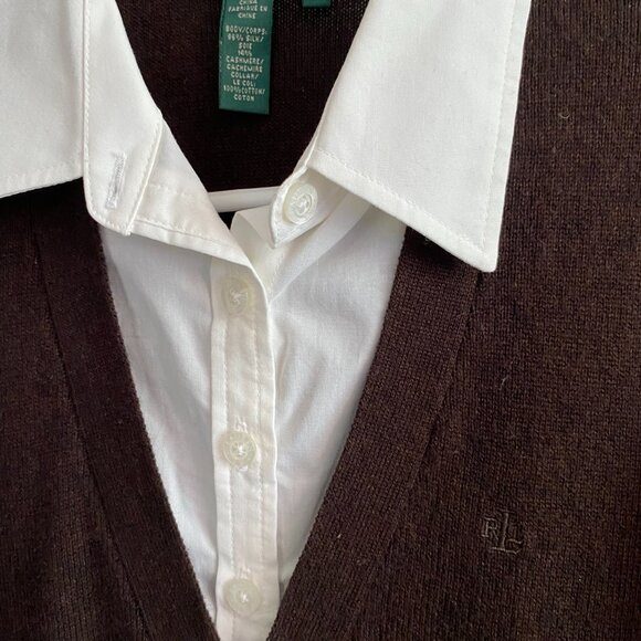 RALPH LAUREN Brown Cashmere Silk Cardigan Sweater w/Attached Blouse - S - NWT - Picture 2 of 5